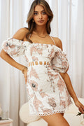 Happy Days Halterneck Puff Sleeve Eyelet Dress Floral Print Rose