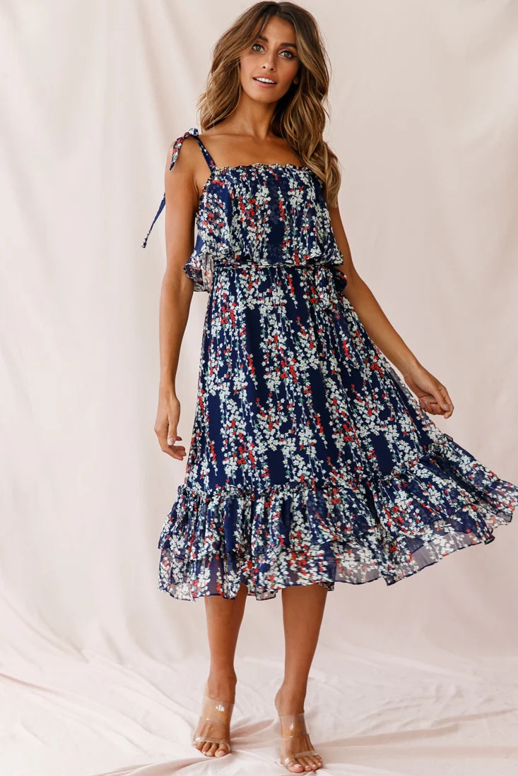 Maeve Shoulder Tie Layered Ruffle Dress Navy