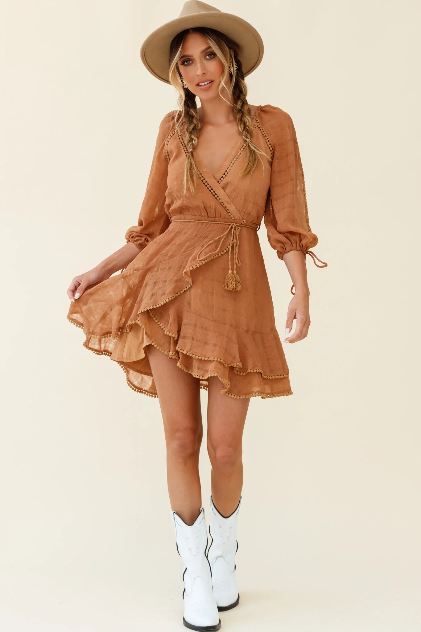Wilde Balloon Sleeve Crochet Trim Dress Tan