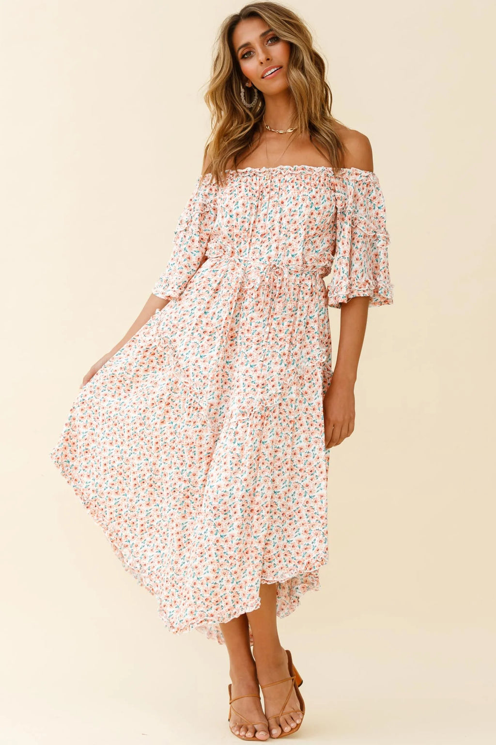 Renoir Off-Shoulder Frill Trim Dress Floral Print Pink