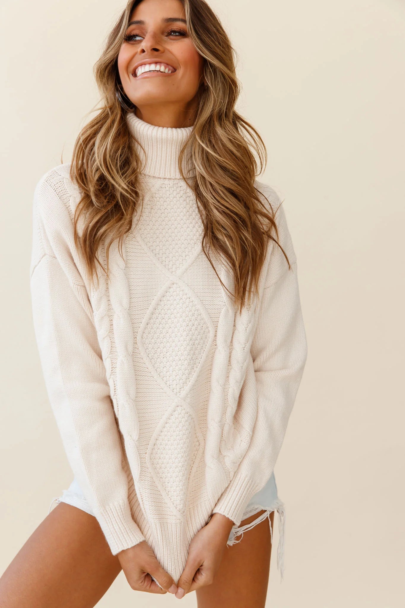 Hark Rolled Turtleneck Cable Knit Detail Sweater Cream
