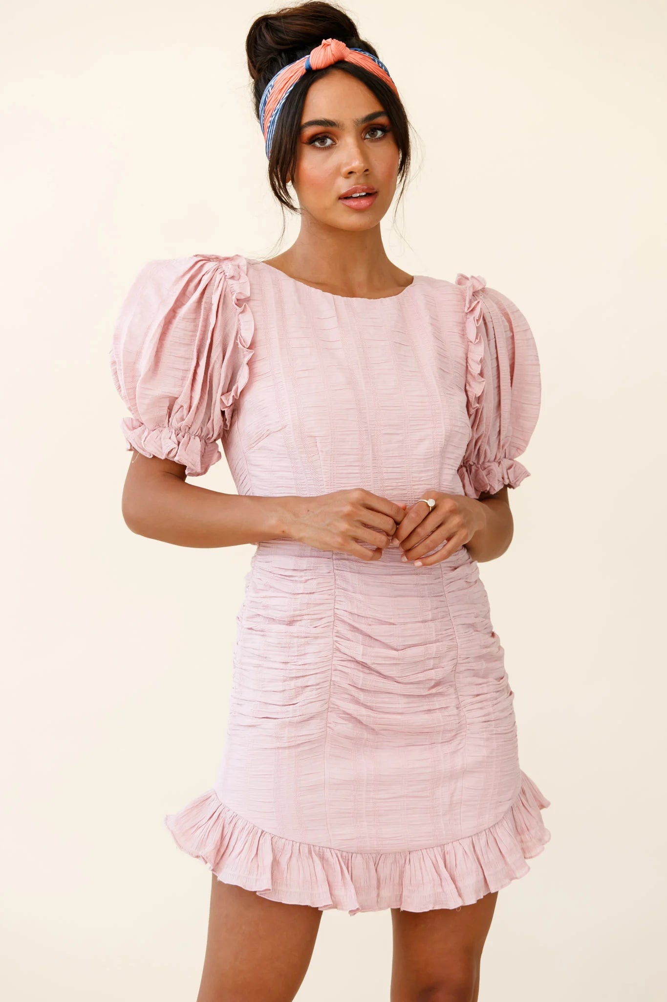 Icing On The Cake Open Back Ruched Dress Blush