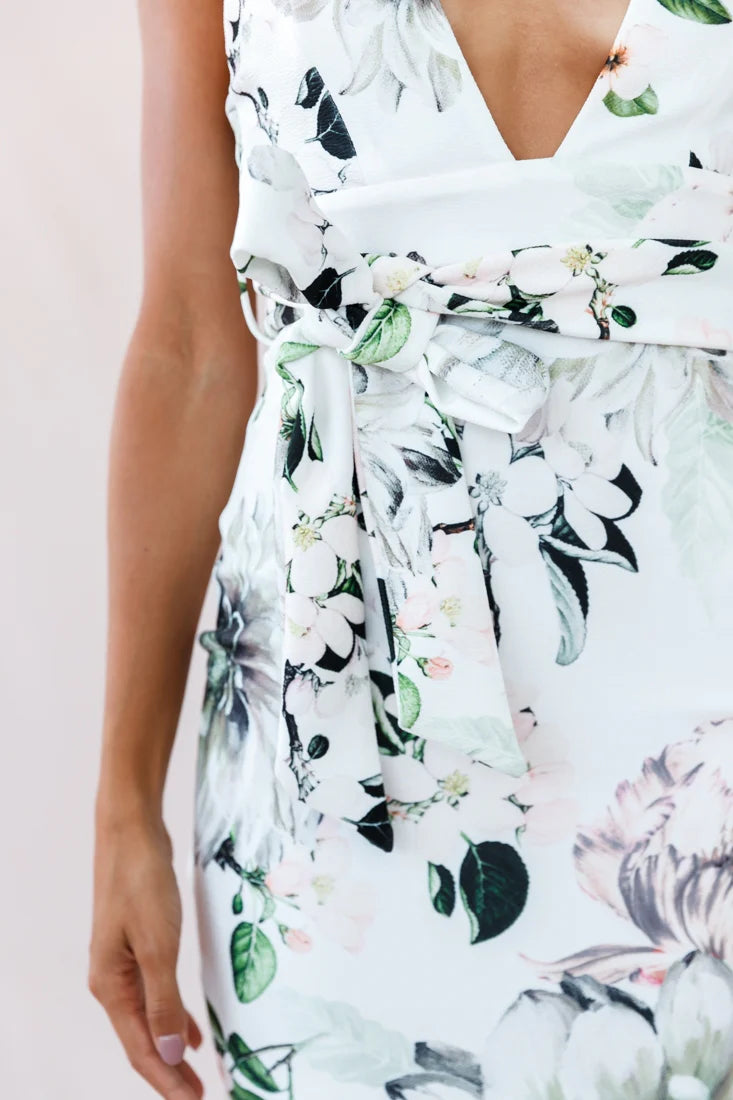 Sorry Not Sorry Wide Strap Flounce Floral Dress White