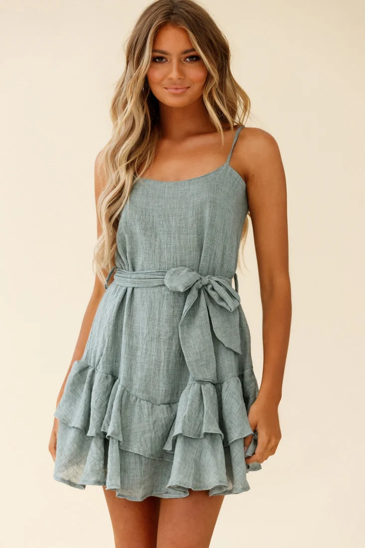 Wilshire Tiered Ruffle Hem Spaghetti Strap Dress Grey
