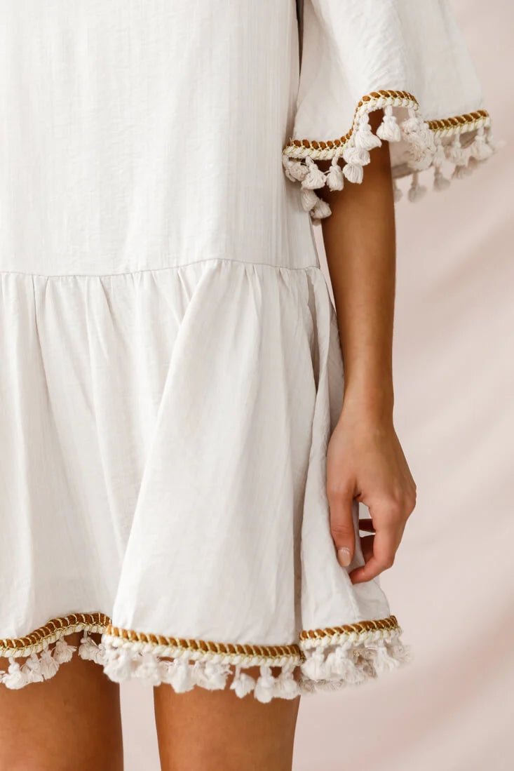 Donna Dropped Waist Tassel Dress Beige