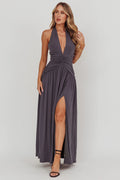 Italia Azure Gathered Waist Maxi Dress Charcoal