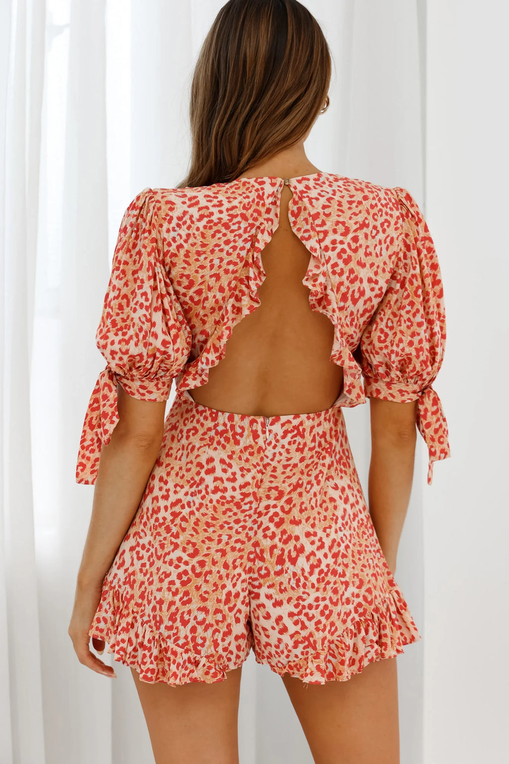 Francine Short Sleeve Tied Bust Romper Leopard Print Orange