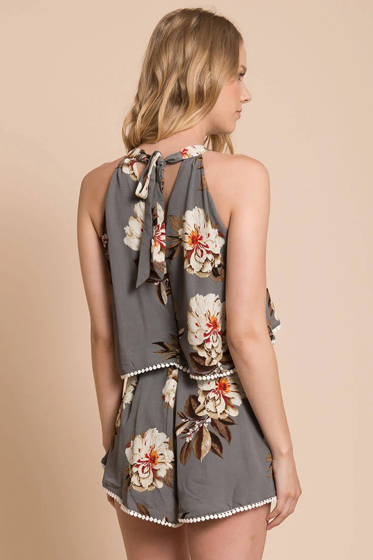 Talia Fancy Floral Romper Grey
