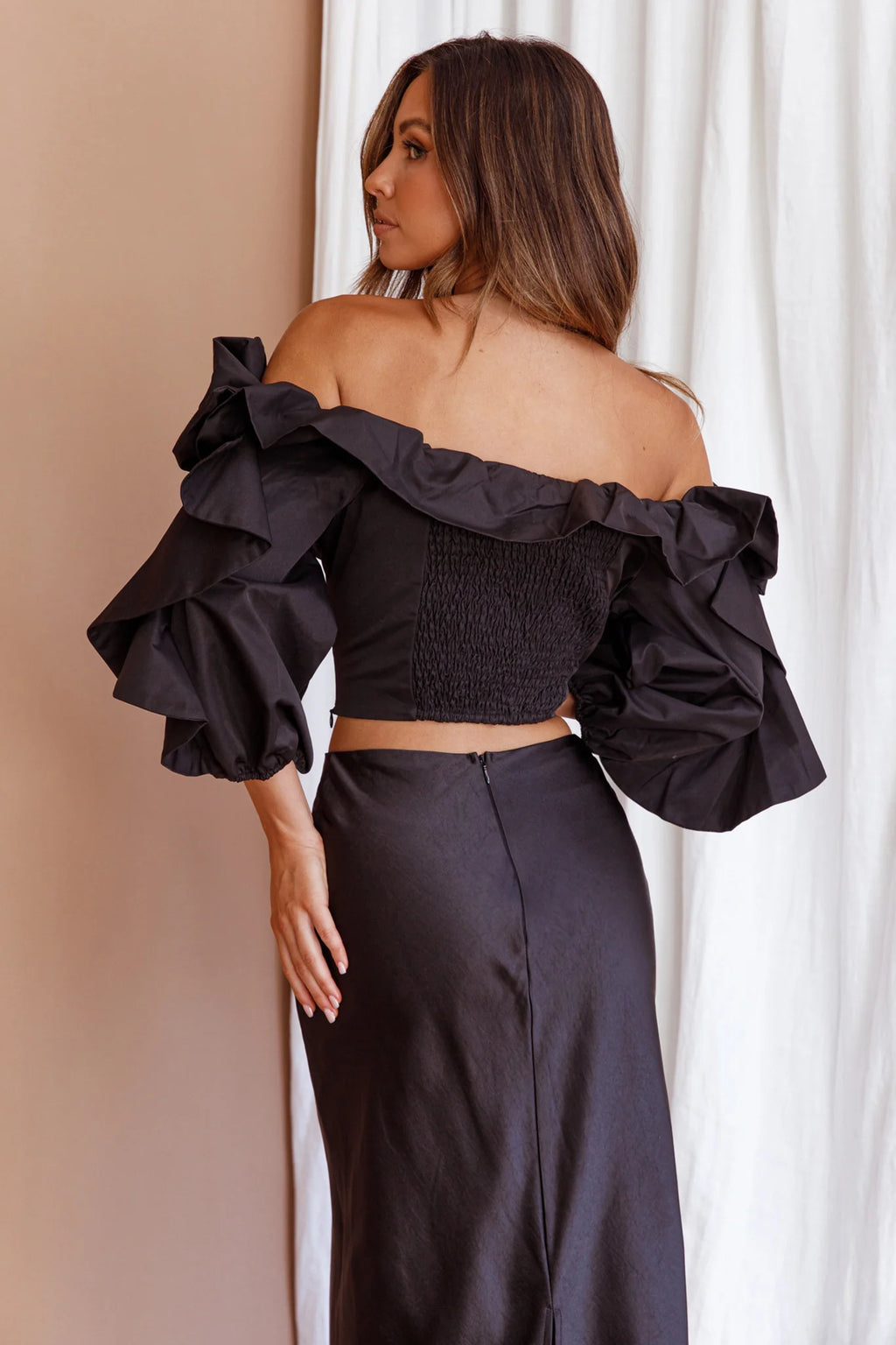 Midnight Mirage Puff Ruffle Crop Top Black