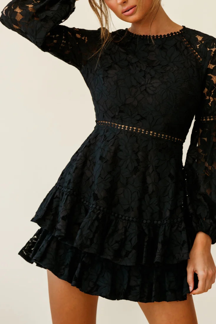 Henrietta Lace Overlay Long Sleeve Ruffle Dress Black