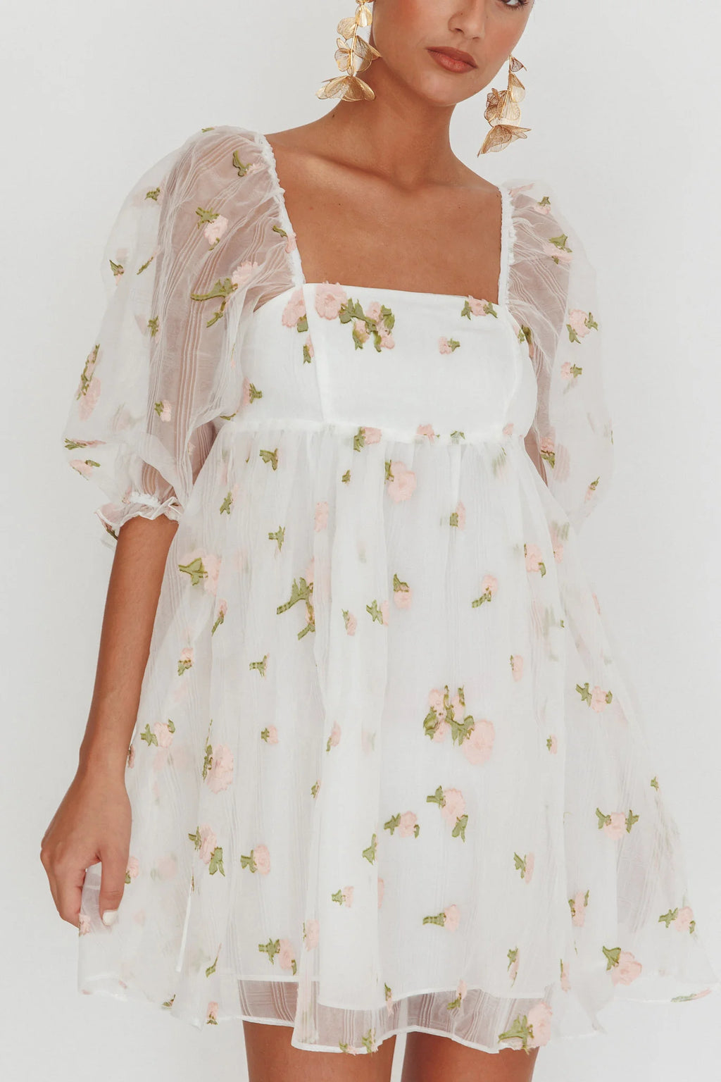 Helen Floral Organza Mini Dress White Pink