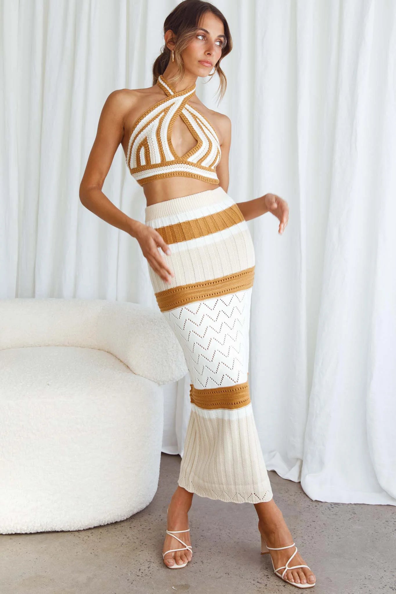 Higher Love Knit Halterneck Crop Top Striped Camel