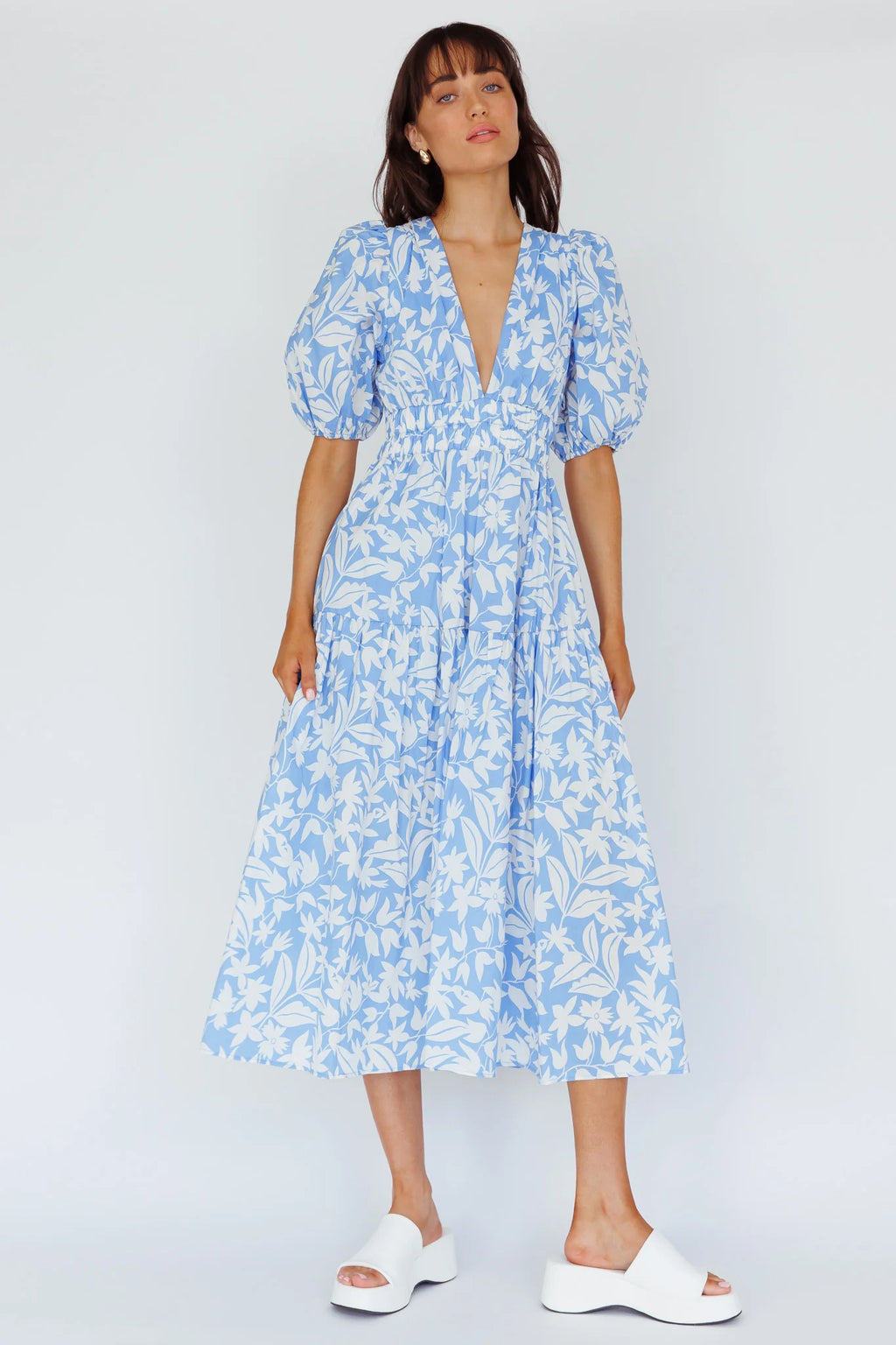 Summer Land V-Neckline Midi Dress Floral Blue