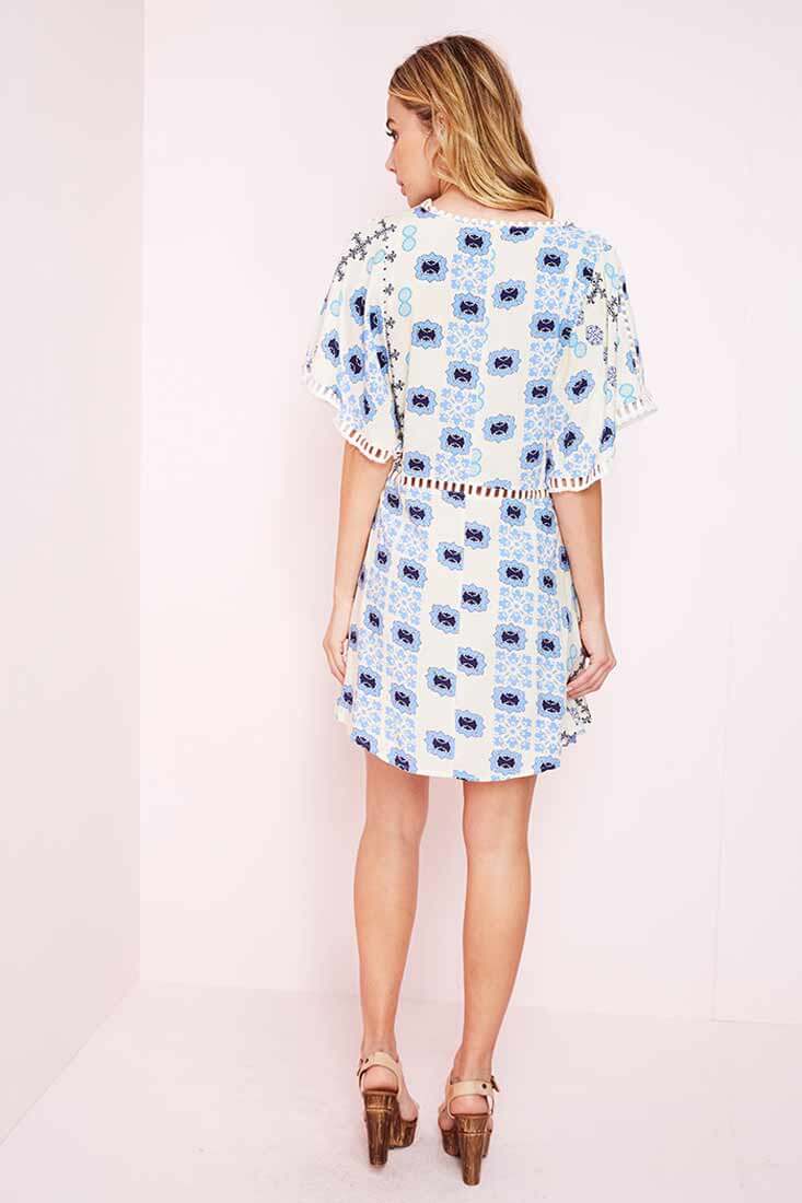 Yaritza Eyelit Mixed Print Dress Blue