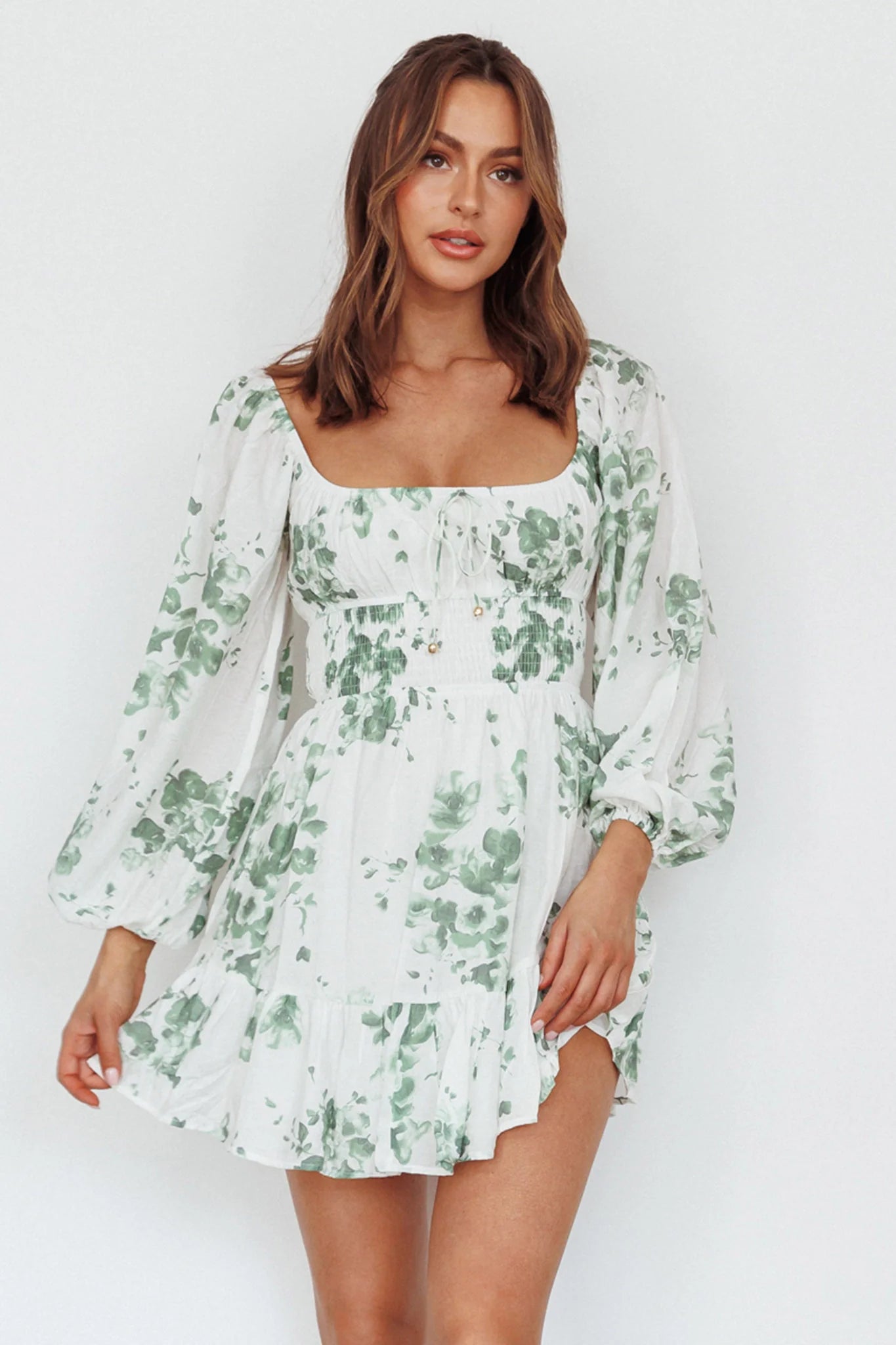 Amilie Shirred Long Sleeve Dress Floral White/Olive