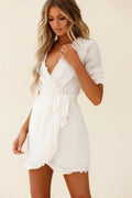 Shandra Short Sleeve Frill Trim Wrap Dress Beige