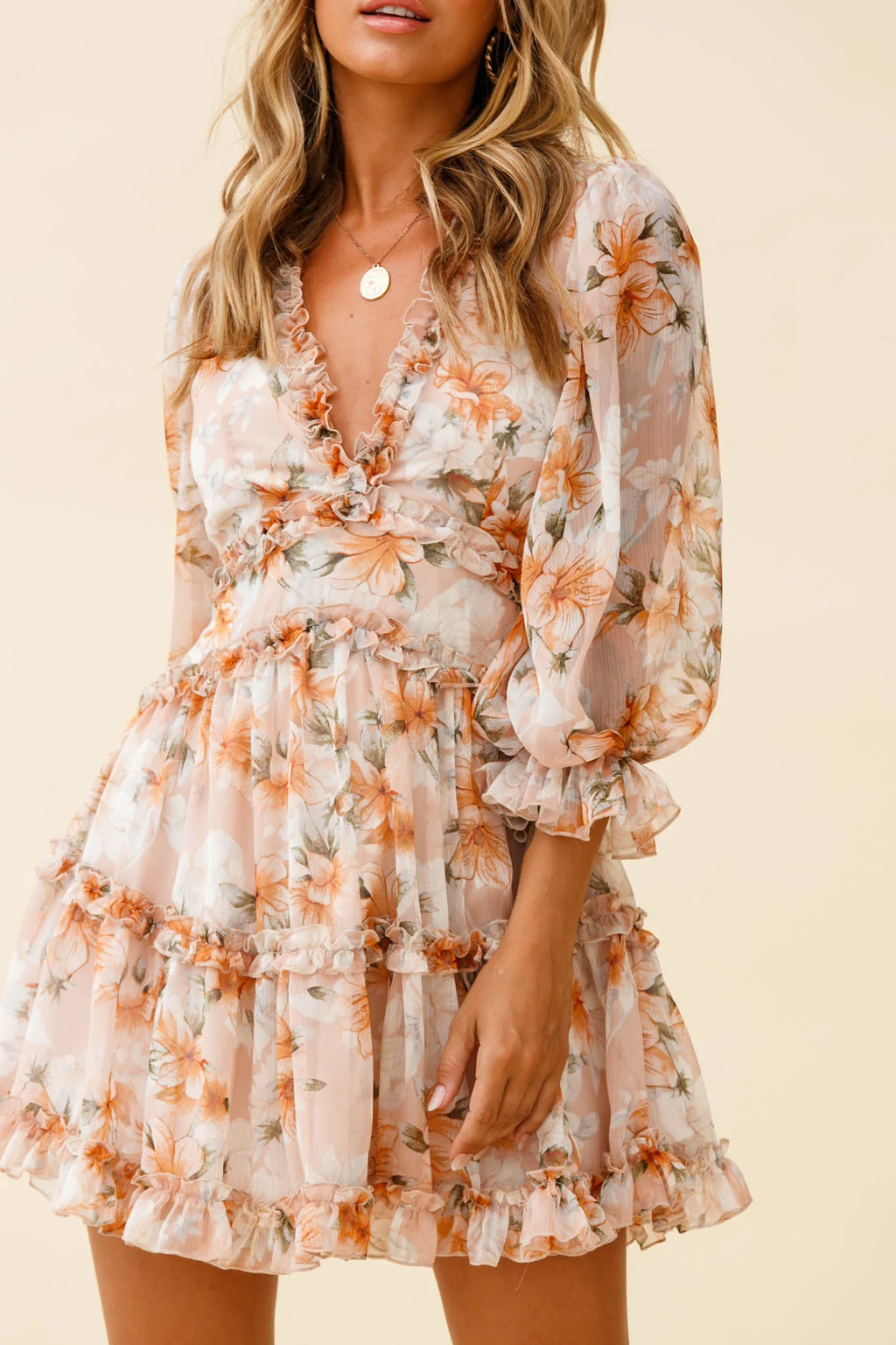 Laney Cutout Back Frill Trim Dress Hibiscus Print Nude