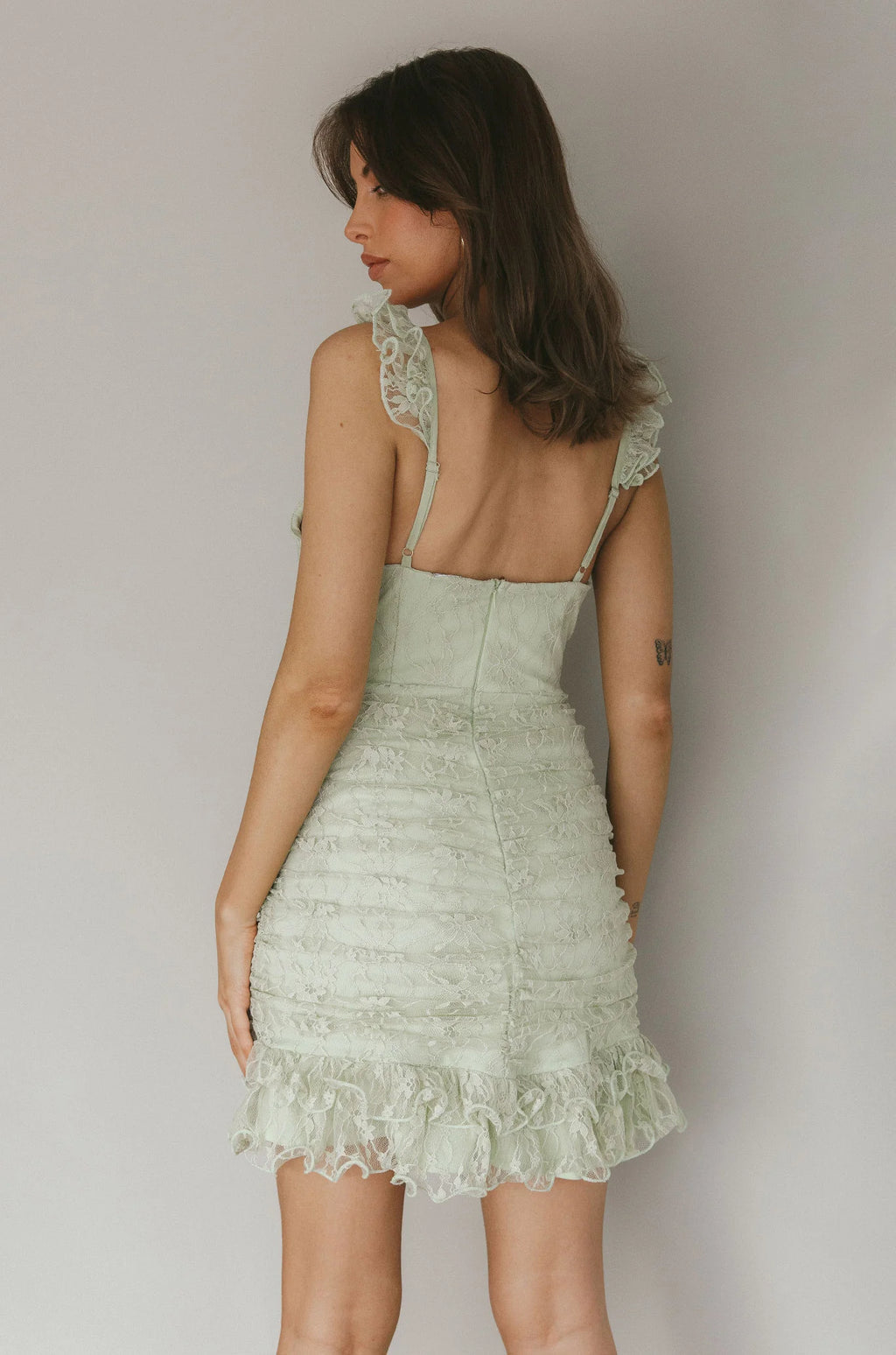 Kaley Ruched Side Layered Frill Hem Lace Mini Dress Sage