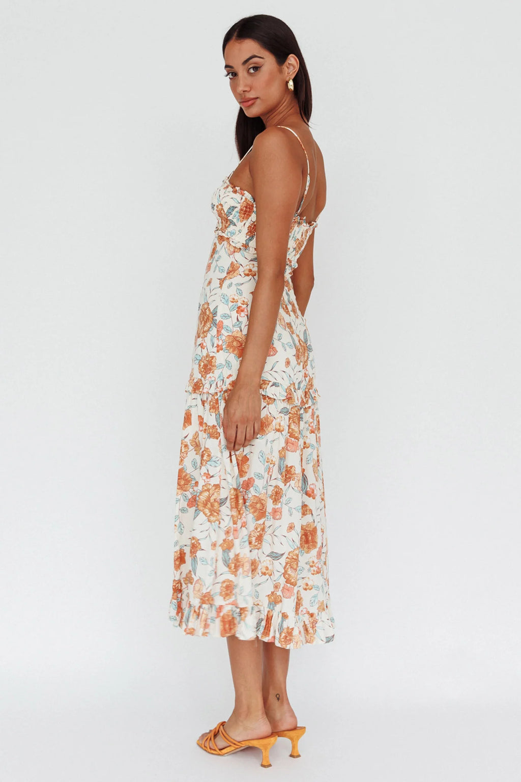 Everglow Shirred Bust Midi Dress Floral Beige