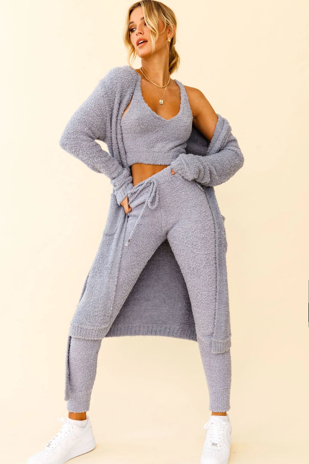 My Girl Fuzzy Knit Thick Strap Crop Top Steel Blue