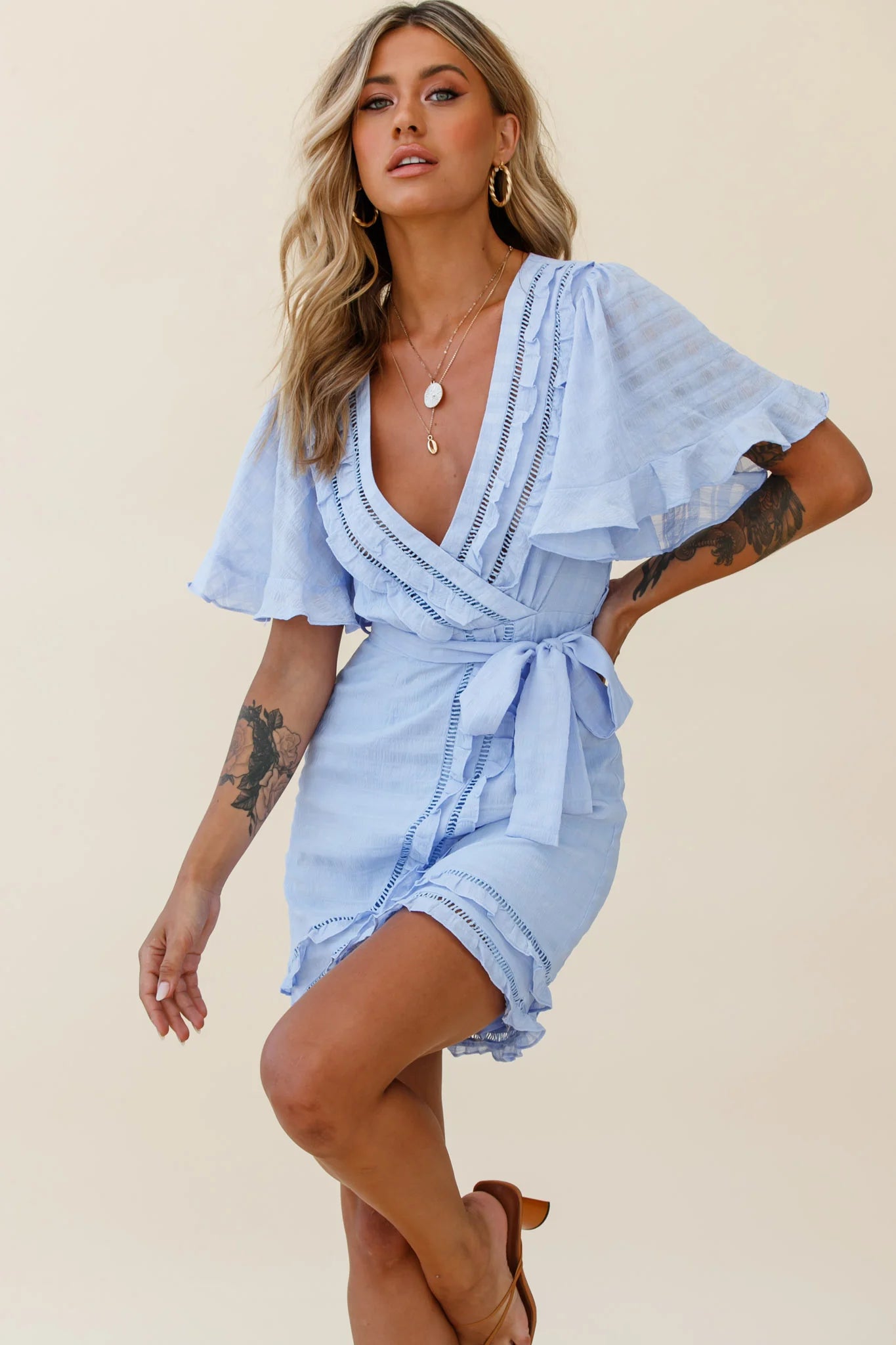 Hastings Angel Sleeve Faux Wrap Dress Steel Blue