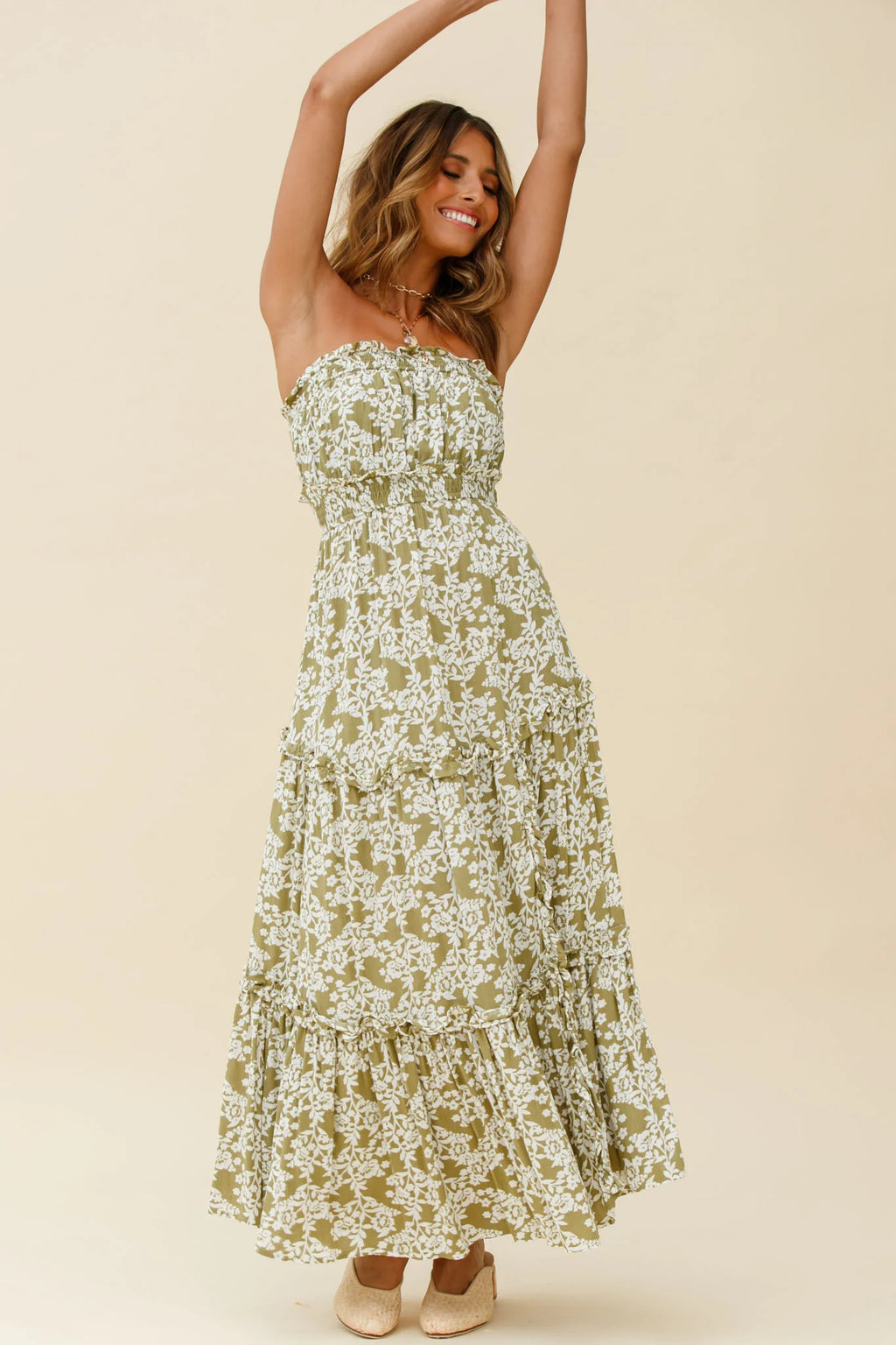 Take Me Away Strapless Maxi Dress Floral Print Green