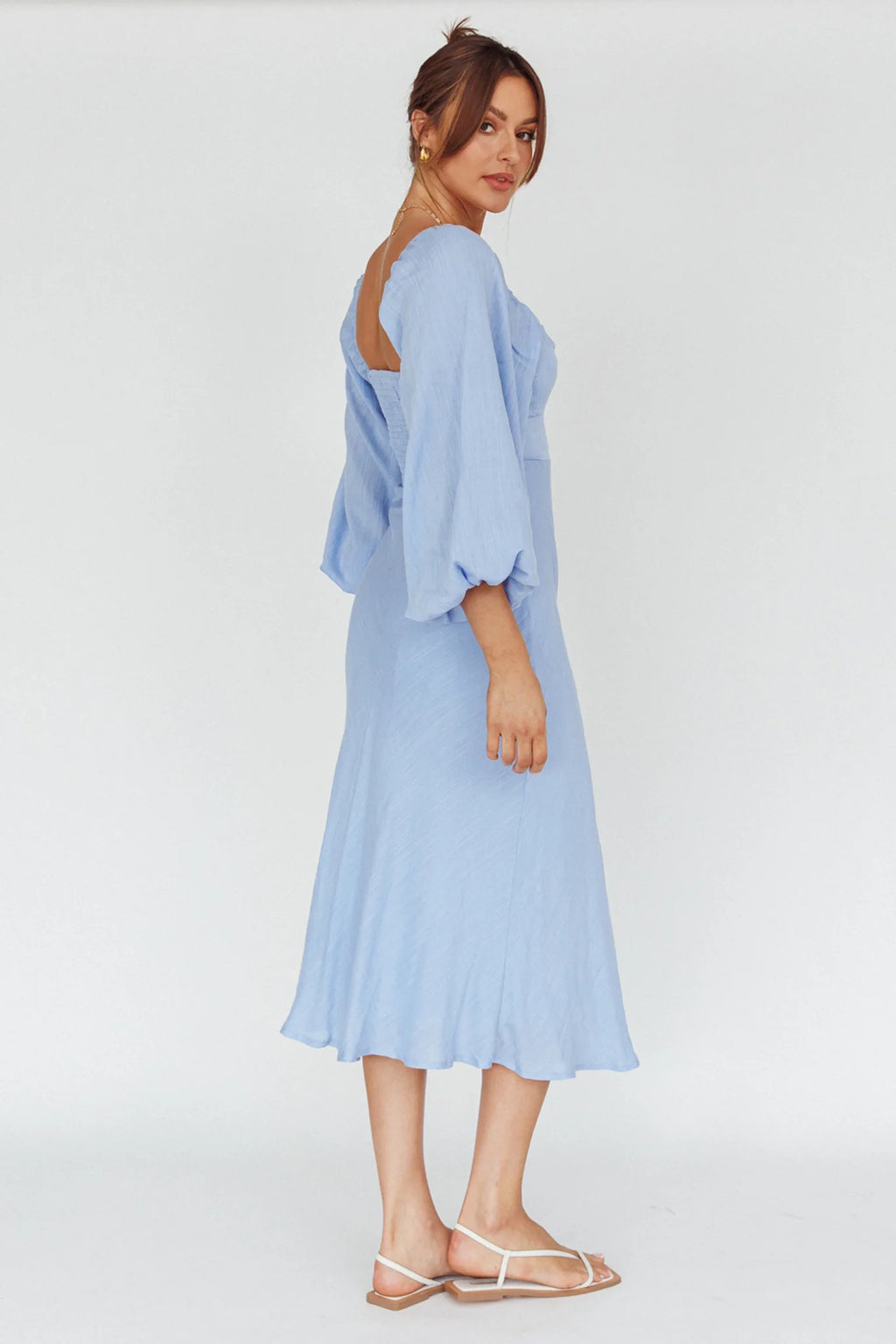 Betina Twist Bust Long Sleeve Midi Dress Blue