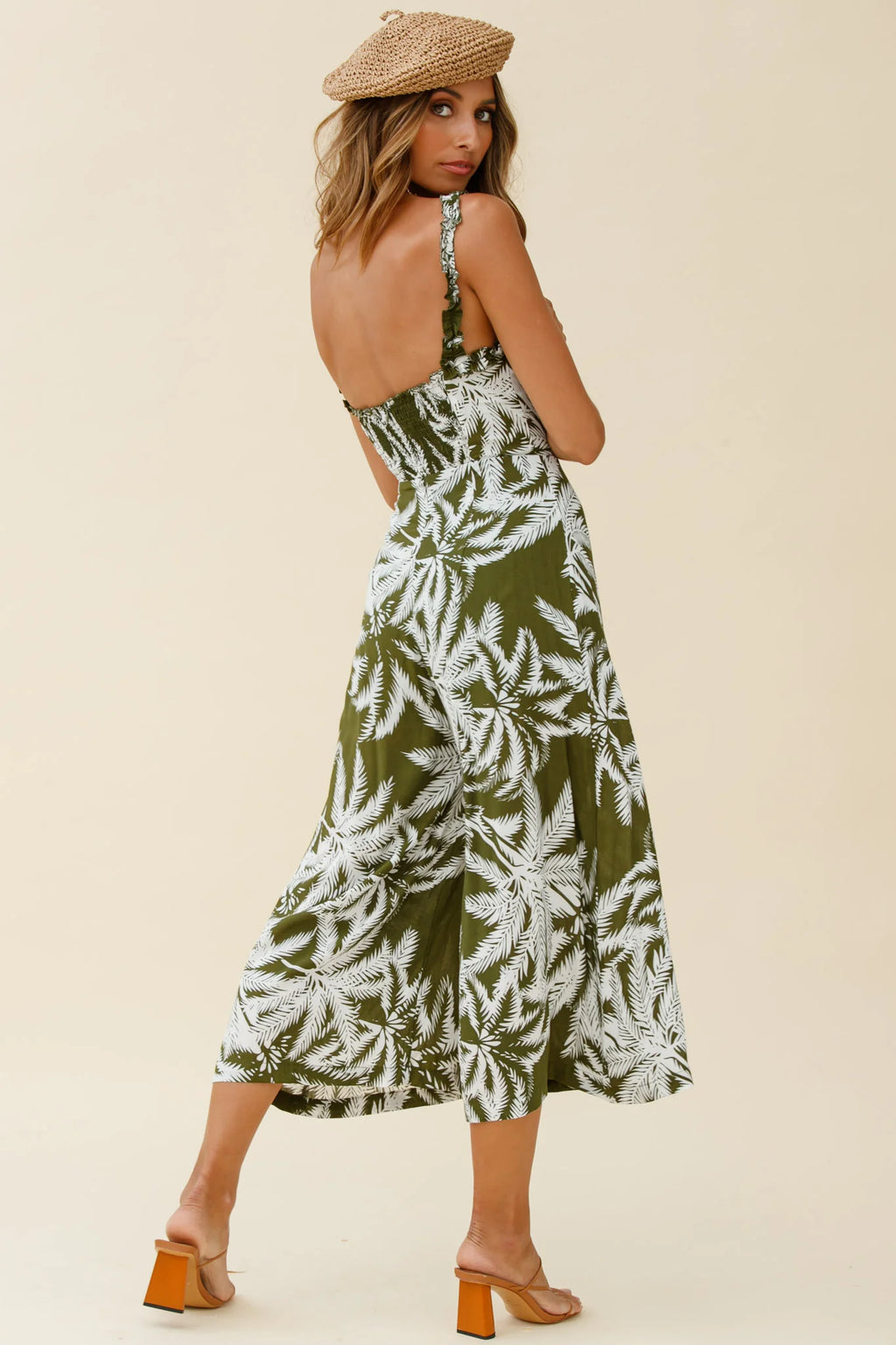 Magdalene Frill Strap Midi Jumpsuit Palm Print Olive